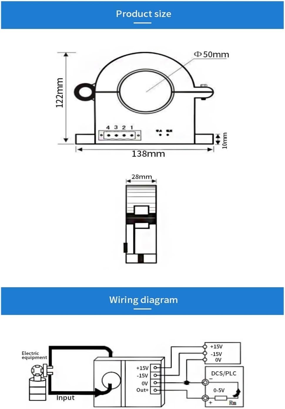 DC Current Transmitter 0~150A Open Loop Hall Current Sensor AC Current Transducer 220VAC Power Output 0-20mA(45mm,0-3000A AC)