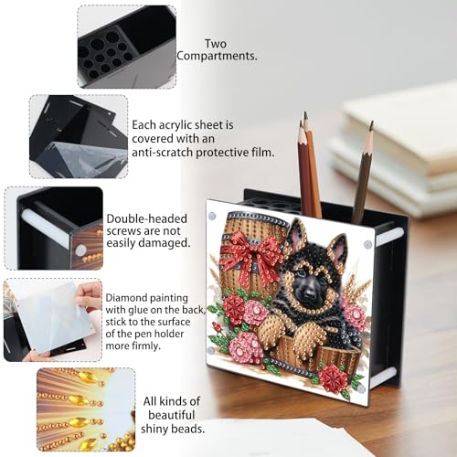 Image of DIY 5D Acrylic Diamond Painting Pen Holder - German Shepherd Pencil Organizer for Adults, Decorative Office Supplies Storage for Home, School, Gift