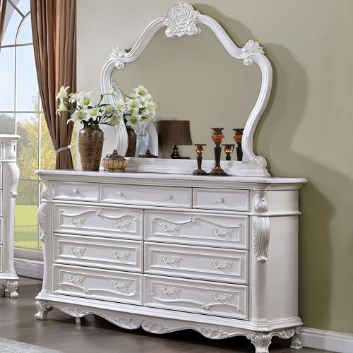 Furniture of America Agatha Traditional Wooden 6 Drawer Dresser with Mirror, Vintage Bedroom Set, Accent Vanity Dressing Table with Stone Top for Dressing Room, Walk-in Closet, White