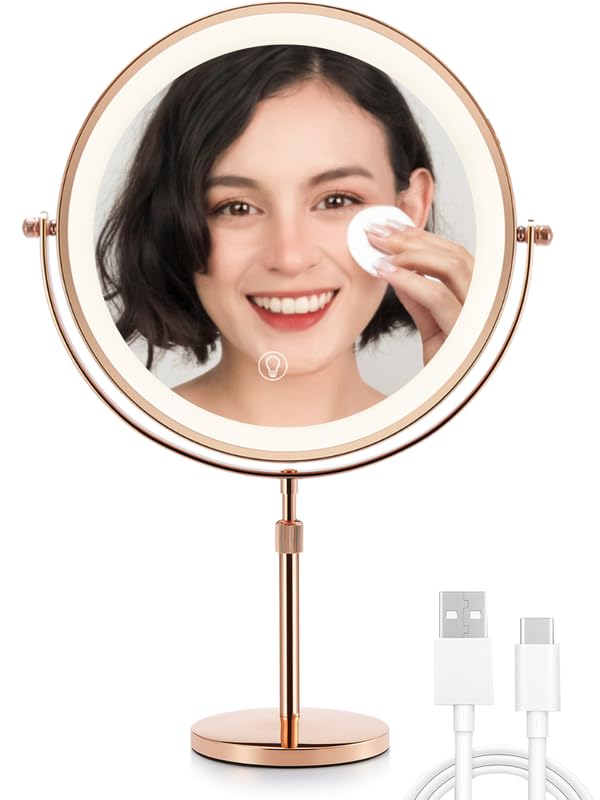 OMIRO Magnifying Mirror with Light 10X/1X-360° Flip Dual Side, 10" Makeup Mirror with Light, Touch Adjustable 3-Color Lights