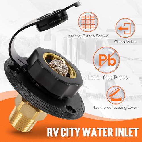 Image of TONDA RV City Water Inlet with Check Valve, Brass Thread RV Water Fill Inlet Replacement, RV Water Hose Connector for Camper, Trailer, Motorhome