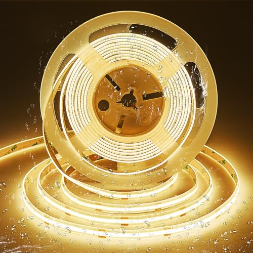 SIRYYUI COB Waterproof LED Strip Lights IP65 5M,2700K Warm White,480LEDs/M High Density 12V Dotless Tape Light,CRI90+,Self-Adhesive Strip Lights Perfectly Bathroom,Kitchens Decor (No Power Supply)