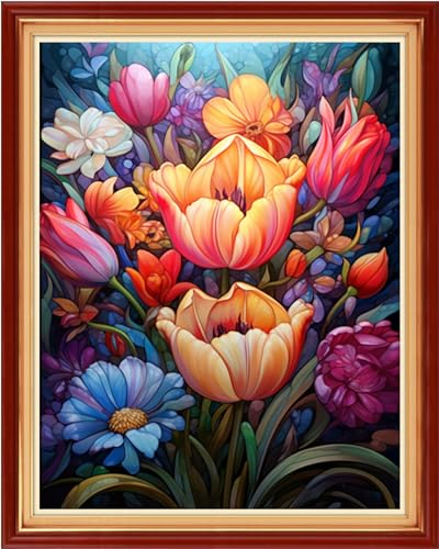 Image of DMCVIVR Stamped Cross Stitch Kits for Beginners Adults Needlepoint Kits for Beginners Embroidery Kits for Adults Crossstitch Kit for Beginners 11CT-Colorful Flowers 16x20 inchs
