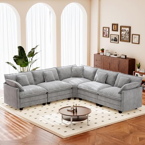 Image of 113.8 inch Modular Sectional Sofa,Cloud Couch for Living Room,Modern Deep Seat Sofa 5 Seater Chenille Fabric Comfy L Shaped Couches with Throw Pillows for Apartment