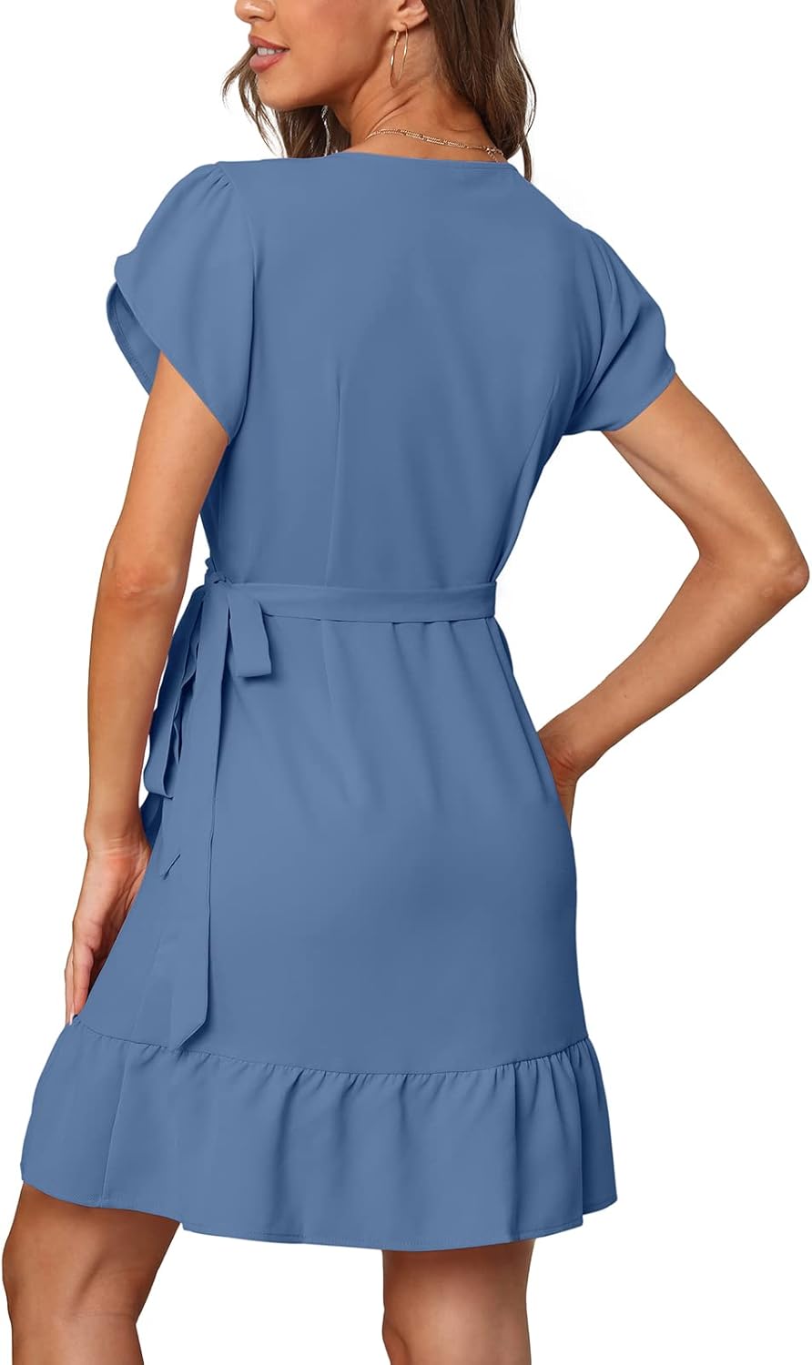 SAMPEEL Summer V Neck Wrap Petal Sleeve Short Dress with Belt for Women - Image 5