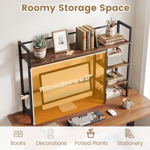 Image of Tangkula 4-Tier Desktop Bookshelf, 38.5 inch Dorm Desk Hutch, Rustic Brown