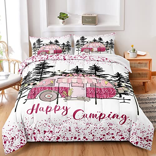 Bducok Happy Camping Bedding Sets For Boys Kids Girls,Galaxy Comforter Set Twin Size Microfiber Trailers Camper Rv Bedding Rustic Vintage Farmhouse Style Comforter Camping 3024,Twin #TOP2