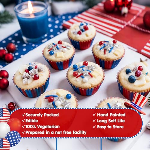 Image of Edible Patriotic Sprinkles for Cake Decorating,130g,July 4th Pearl Sprinkle for Baking Decorations,Blue Red and White Pearls Jimmies,Silver Star and Sugar Crystals Mix,Cookies,Ice Cream,Fondant Cake,Cupcakes,Desserts,Memorial Day,Flag Day,Juneteenth,Independence Day,4th of July Party Supplies