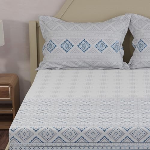Image of Layers 100% Cotton King Size Bedsheet Set | Blue & White Ethnic Print | 120 TC Forever Collection | Soft & Breathable | Washable Bedsheet with 2 Pillow Covers | All Season