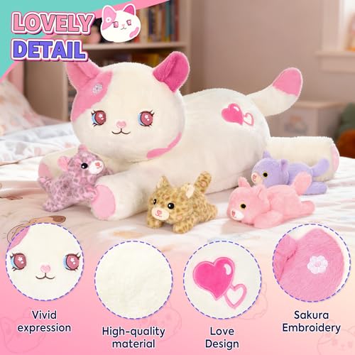 Image of Onsoyours Original 5PC Cat Stuffed Animals with Babies Inside, Kawaii Kiity Plush with Mommy & 4 Kittens - Cute Plushies Toys for Girls Kids (Pink)