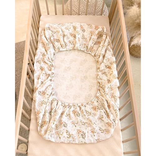 Image of lulumoon Baby Crib Sheets Fitted: Soft Muslin Cotton Sheets for Standard Crib - Olive Floral for Girls 2Pack