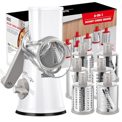 Image of GDL Cheese Grater Hand Crank - Upgraded 6-in-1 Cheese Grater with Handle and Strong Suction Base, Multi-purpose Cheese Shredder Vegetable Slicer Ice Shaver for Potato, Vegetables, Nuts, Chocolate