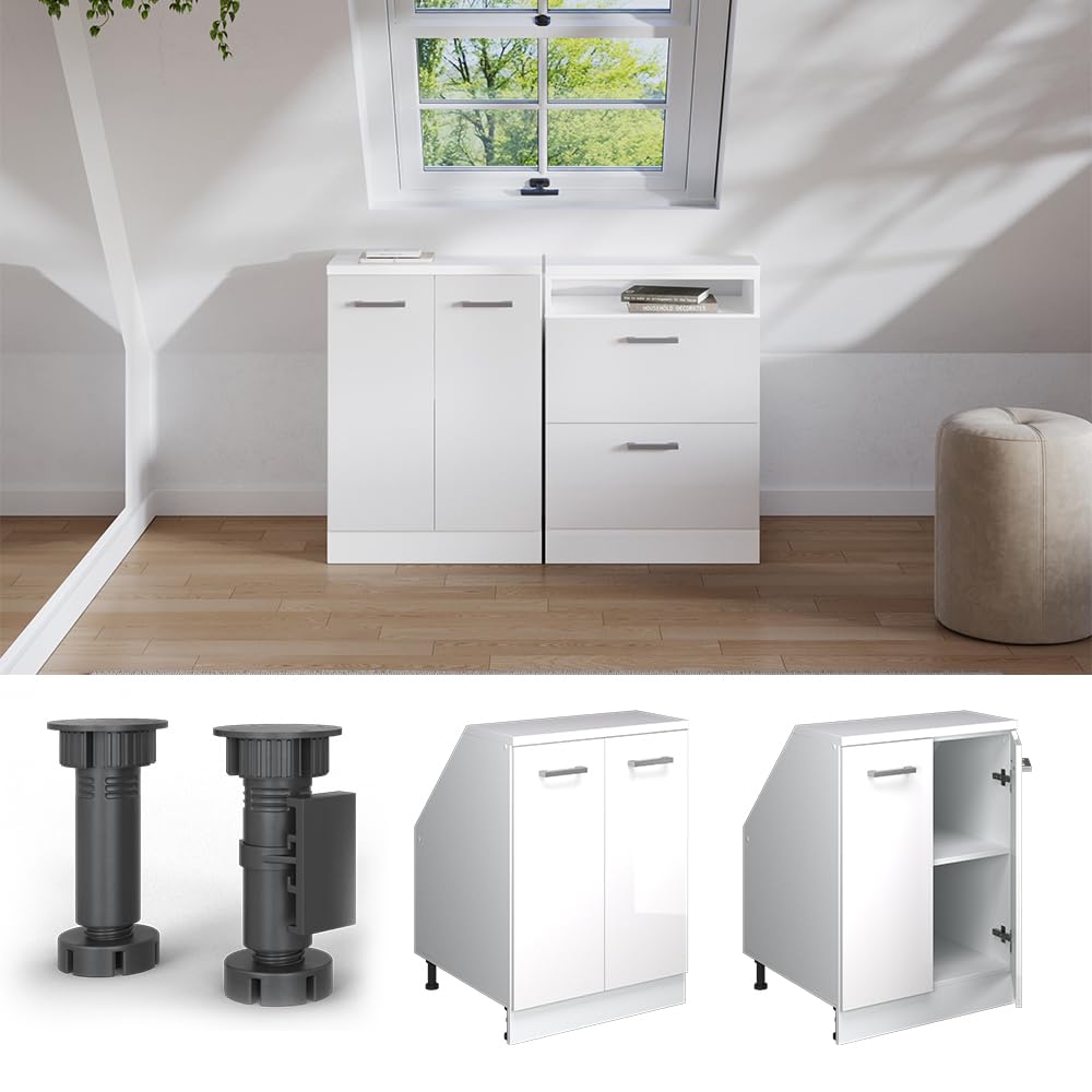 Vicco Meuble de Rangement sous Pente Rion, Blanc Haute Brillance/Blanc, L60 x P60 cm avec 2 Portes, Gain de Place pour Les pièces mansardées