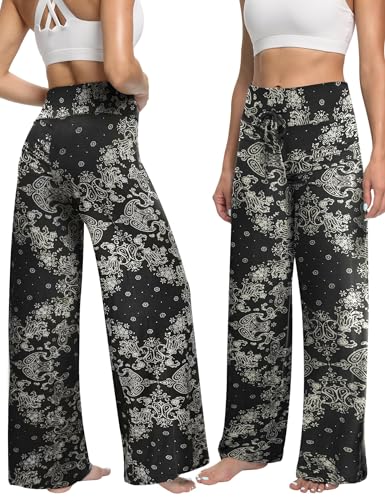 Image of ZOOSIXX Soft Black Pajama Pants for Women, Wide Leg Pants Woman Flowy Comfy Casual Lounge Yoga Capri Pants 22 inch / 30 inch