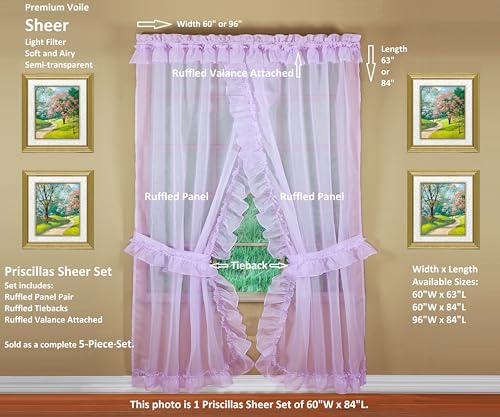 Image of Today's Curtain, Emelia Priscilla Sheer Pair 96 inch W x 84 inch L, Lilac, 5-Piece-Set