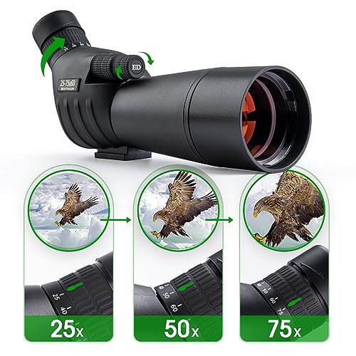 Image of 25-75 X 60 Spotting Scope with Tripod Phone Adapter Monocular Telescope Spotting Scopes for Target Shooting Hunting Bird Watching Black
