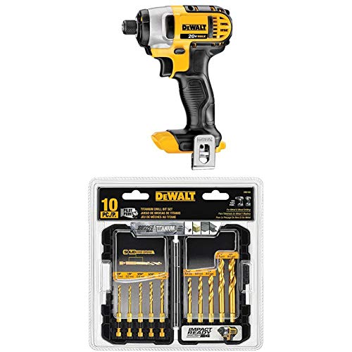 DEWALT DCF885B 20-Volt MAX Lithium Ion 1/4-Inch Impact Driver (Tool Only) with DEWALT Titanium Drill Bit Set, 10-Piece Impact Ready (DD5160)