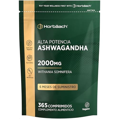 Ashwagandha 2000 mg | 6 Meses de Suminstro - 365 Comprimidos Veganos | Withania Somnifera | Alta Potencia | Formato Ahorro | Horbaach