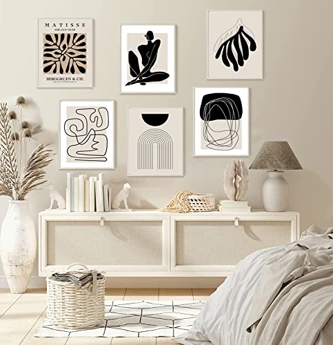 Boho Wall Art Mid Century Modern Decor Canvas Prints Set of 6 Black And White Neutral Abstract Boho Wall Decor for Bedroom Living Room Bathroom 8"x10" UNFRAMED