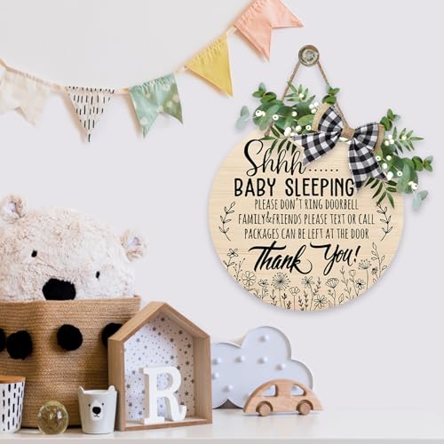 Image of Deroro Shhh Baby Sleeping Front Door Sign, Please Don't Ring Doorbell Wood Plaque Hanger Nursery Kids Infant Children Bedroom Decor, Farmhouse Wooden Wreath with Plaid Bow Wall Hanging Decoration