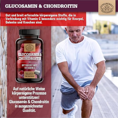 Glucosamin Chondroitin Hochdosiert -2630mg pro Tagesdosis- mit Vitamin C für eine normale Kollagenbildung* für Knochen & Knorpelfunktion -Hochdosiert- Laborgeprüft DE SCHEUNENGUT®