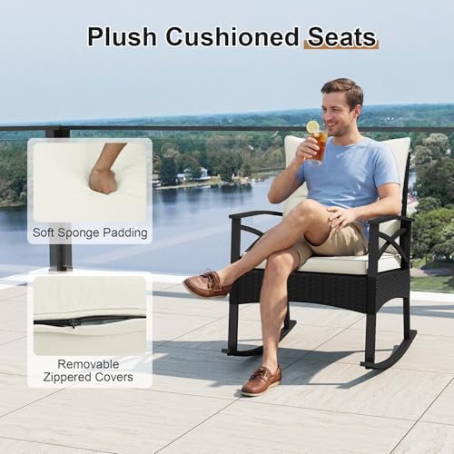 Image of Tangkula 3 Pieces Wicker Outdoor Rocking Chairs Set | Heavy Duty | Cushioned | Rattan Rocker Bistro Set w / 2-Tier Tempered Glass Coffee Table for Garden, Balcony, Backyard