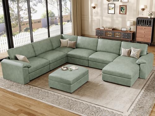 Image of EASE MOOSE Faux Leather Sectional Couch with Ottoman, Oversized Modular Sofa, Vintage Comfy Modular Couch, Scratch Resistant Material Sofas, U Shaped Couch for Living Room, Green