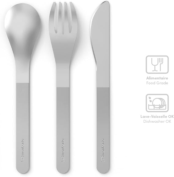 monbento Nomad Cutlery Set, 3 Pieces Stainless Steel Fork Knife Spoon, Flatware Set for Work Lunch Packing, Grey, Fabric Case