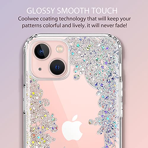 Coolwee Clear Glitter Compatible Iphone 13 Case Military Drop Protection Flower Slim Cute Crystal Lace Bling Shiny Women Girl Floral Hard Back Soft Tpu Bumper Protective Cover Mandala Henna Sparkle #TOP3