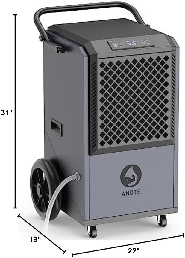 Dimensions of the ANDTE 305 Pint Commercial Dehumidifier: 31 inches high, 19 inches deep, 22 inches wide.