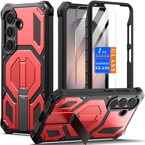 Nvollnoe for Samsung Galaxy S26 Case with Screen Protector & Invisible Kickstand,3-in-1 Military Grade Shockproof Heavy Duty Protective Magnetic Case for Samsung S26 6.2 inch(Red)
