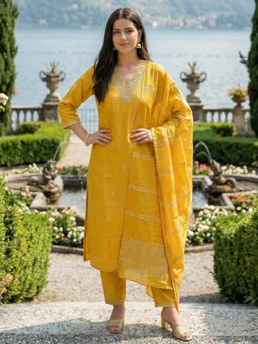 Image of INDO ERA Women's Silk Blend Embroidered Thread Work Kurta & Pant with Dupatta Set | Suit Set For Women
