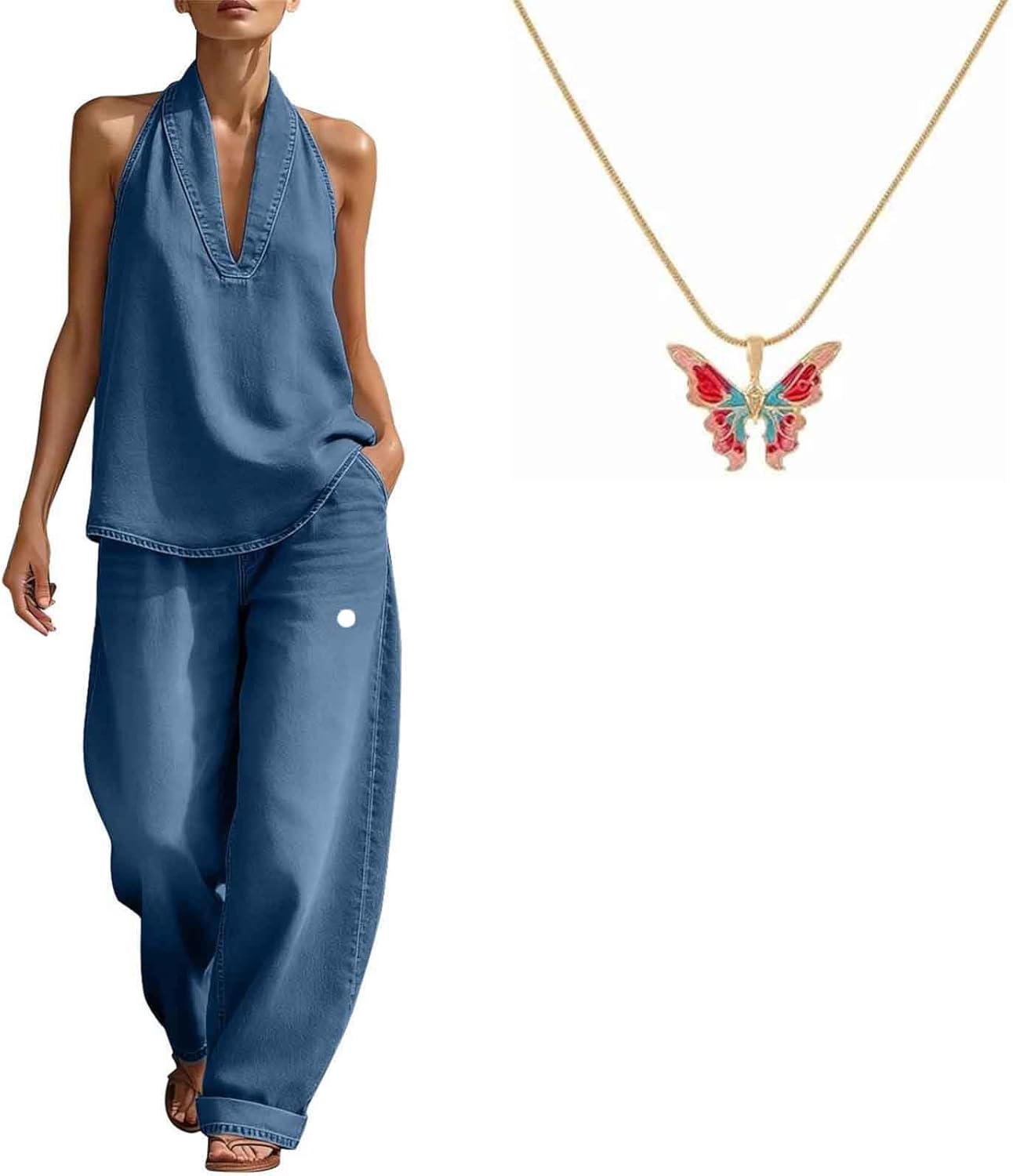 Cozy Minimalist Two-Piece Denim Set for Women, Halter Neck Top and High Waisted Wide Leg Pants, Simple and Comfortable
