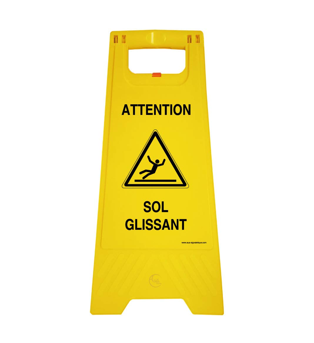 AUA SIGNALETIQUE Balise Chevalet de signalisation, Plastic, Attention Sol Glissant, Height: 650 mm. Width: 330 mm. Thickness folded together: 30 mm., French Style, Indoor/Outdoor Use
