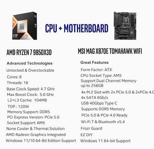 Image of MICRO CENTER AMD Ryzen 7 9850X3D CPU Processor with MSI MAG X870E Tomahawk WiFi ATX Motherboard (DDR5, PCIe 5.0, M.2 Gen5, Wi-Fi 7, 5G LAN)