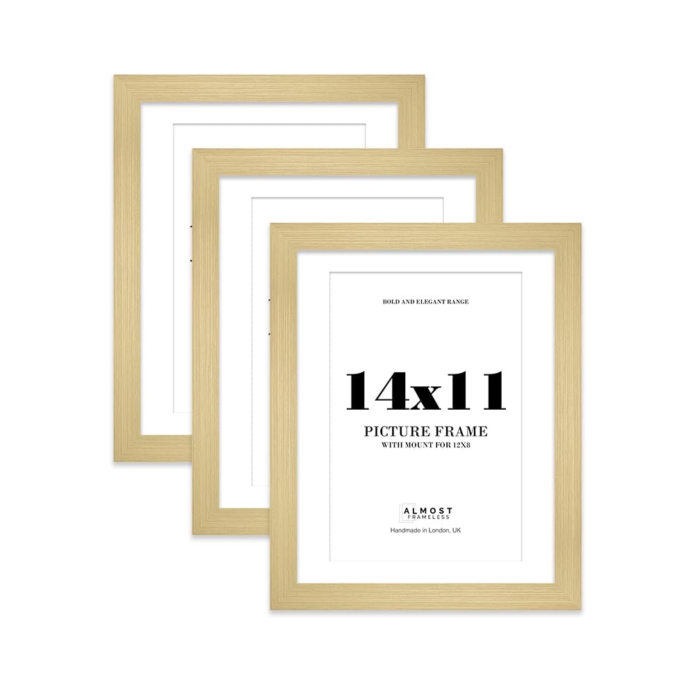 14x11 Gold Frame With Mount for 12x8 Pictures 28mm Edge Portrait and Landscape Display with Wall Hooks and Kickstand, 3 Pack