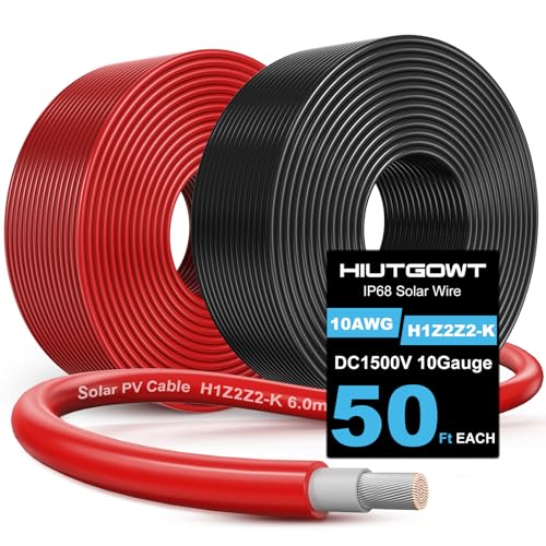 Hiutgowt 10AWG Solar Wire, Solar Cable 50Ft, Solar Extension Cable, Solar Panel Wire, 10 Gauge Wire Tinned Copper PV Wire for Home Boat RV Solar Panels Charger Controller Battery Inverter