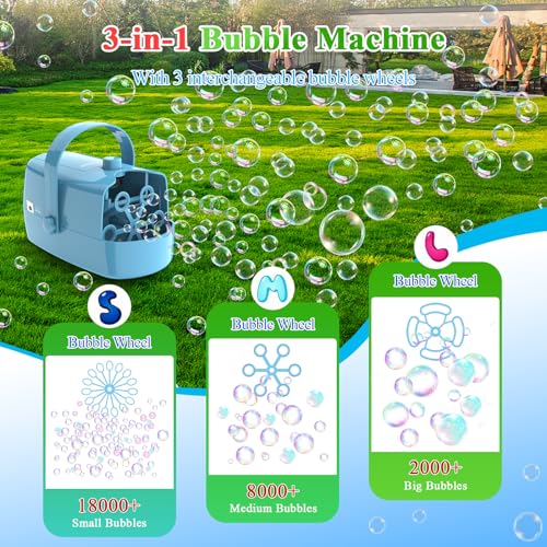 Wisdomlit Bubble Machine, 3-in-1 Bubble Maker, Bubble Blower with 3 Bubble Wheels, Make Small | Medium | Big Bubbles for Kids Toddlers, Bubble Toys for Indoor Outdoor Birthday Party (Blue) - Thumbnail 2