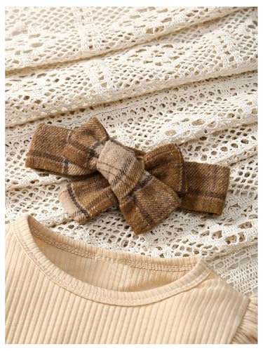 MakeMeChic Toddler Baby Girl's 3 Piece Outfits Rib Knitted Long Sleeve Sweater and Plaid Overall Dress Set with Headband3