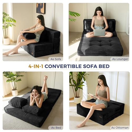 Image of MAXYOYO Convertible Sofa Bed, Fold Out Sofa Couch with Pillow, 4 in 1 Tufted Folding Couch Bed Foam Floor Couch, Lazy Chair for Living Room Bedroom Guest Room, Black