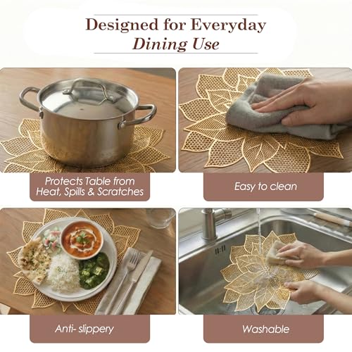 Image of Kuber Industries 4 Pcs Set Leather Side Table Mats | Washable Placemat /Dining Table Mat for Wedding and Family Functions | Patta Design - Golden