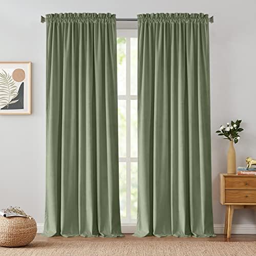 jinchan Velvet Blackout Curtains for Living Room, Thermal Insulated Luxury Drapes for Bedroom 84 Inch Long, Room Darkening Window Treatments Rod Pocket 2 Panels, Sage Green