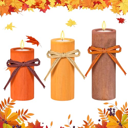 MTLEE 3 portavelas de té de Acción de Gracias con velas votivas sin llama que funcionan con pilas, portavelas de madera con velas LED sin llama para fiesta de boda