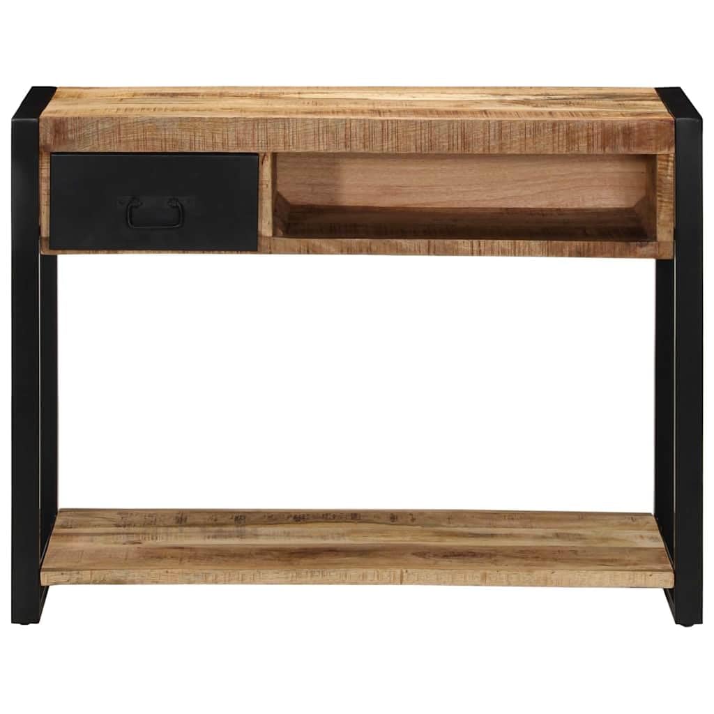 Table console 100 x 35 x 75 cm en bois massif brut de mangue, avec 1 tiroir pour espace de rangement, design rustique pour couloir, salon, chambre à coucher, plateau de table robuste, pratique