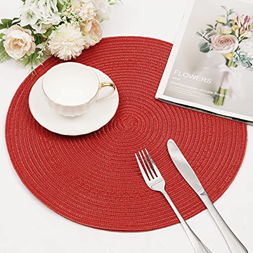 Image of SHACOS Round Braided Placemats Set of 8 Washable 15 inch Round Table Mats Non Slip Woven Place Mats for Christmas Holiday Dining Table Decor (Red, 8)