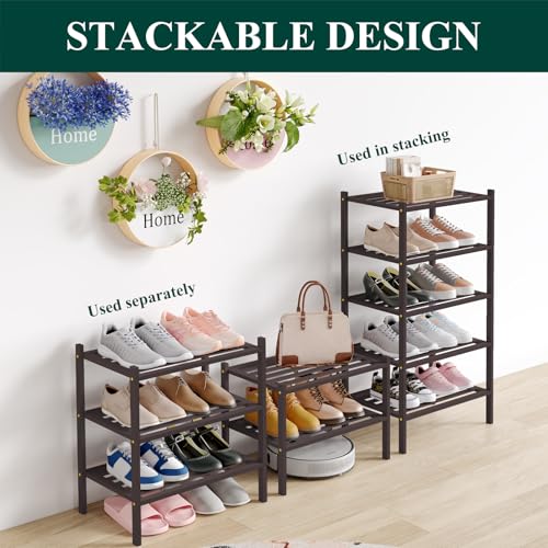 Image of Smiry Bamboo Shoe Rack, 5 Horizontal Slats, 3 Tier - 17.3 inch Wide, Brown