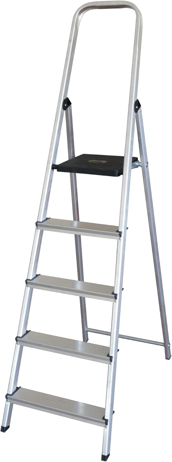 Escalera Plegable 5 peldaños de Aluminio, Escalera de Tijera Resistente y Ligera, Antideslizante, Uso domestico, soporta hasta 150 kg