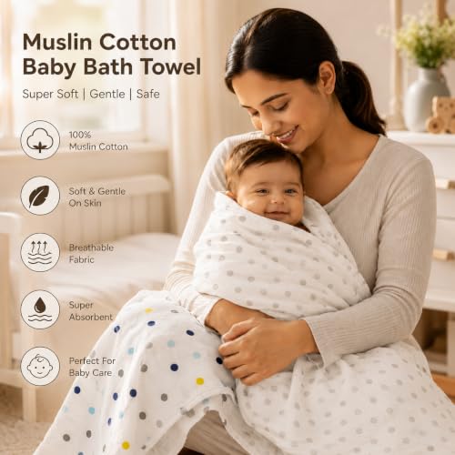 Image of Organic Cotton Muslin Pack of 2 Baby Bath Towel Cotton Cloth Premium Baby Washable, Reusable, Absorbent, Extra Soft 120 X 120 Cm Multi Dot & Grey Dot