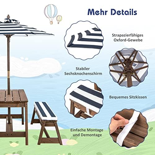 Set di seggiolini per bambini, tavolo da picnic con panche, cuscino e ombrellone, set di seggiolini per bambini in legno, set di sedute per esterni, mobili da giardino per giardino, cortile, terrazza