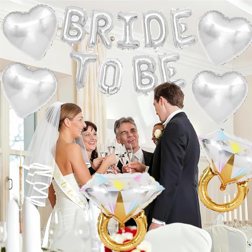 Image of Silver Bachelorette Party Decorations, Silver Bride to Be Banner Heart Balloons with Diamond Ring Foil Balloon, Gold Bride to Be Sash&Veil for Bachelorette Engagement Gift Bridal Shower Party Supplies